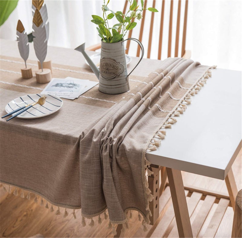Dimatic Heavy Weight Cotton Linen Tablecloth - Round 60 Inch Tablecloth - Tassel Stitching Table Cover for Kitchen Dining Room Tabletop Decoration - Beige - Image 5